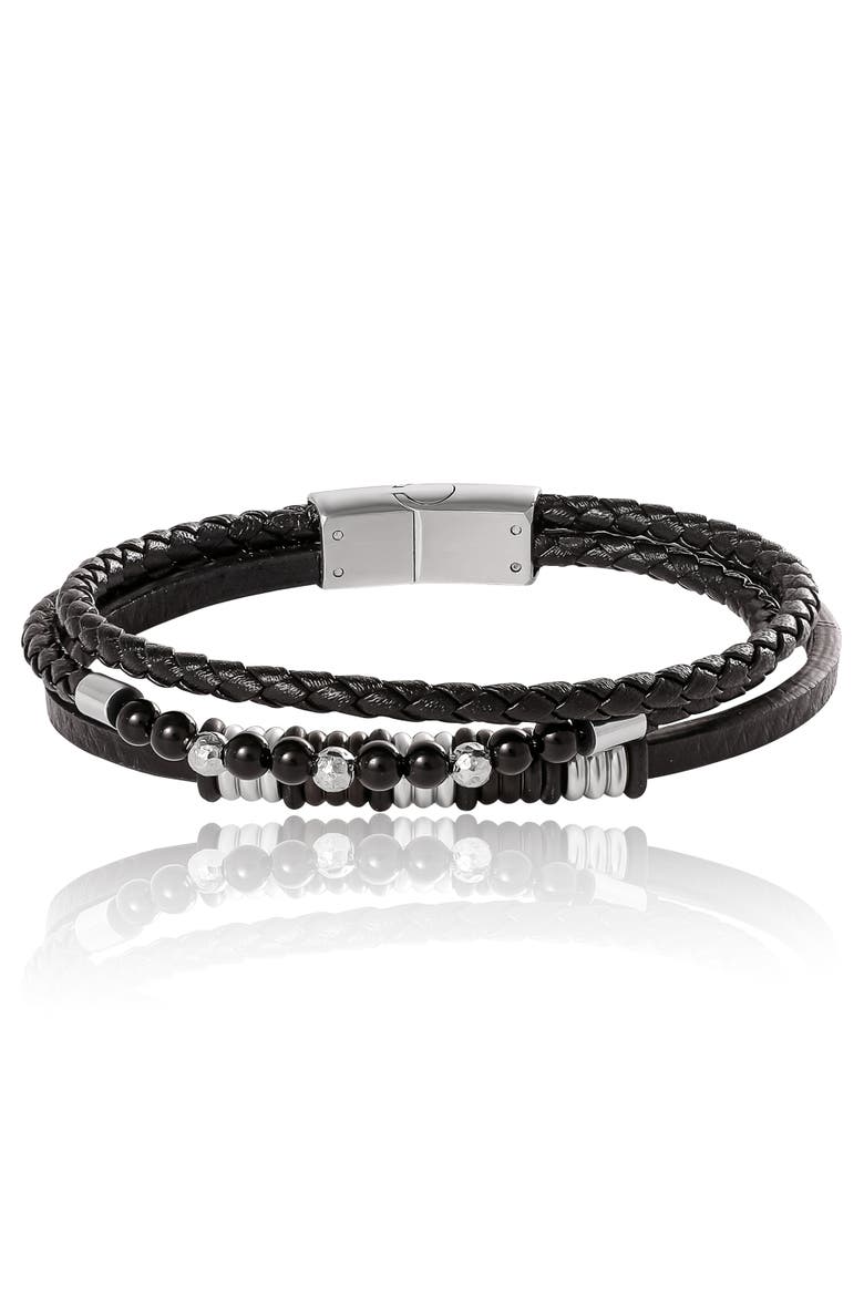 Stainless Steel Triple Row Black Cord Bracelet - 8.25", Main, color, Black, silver