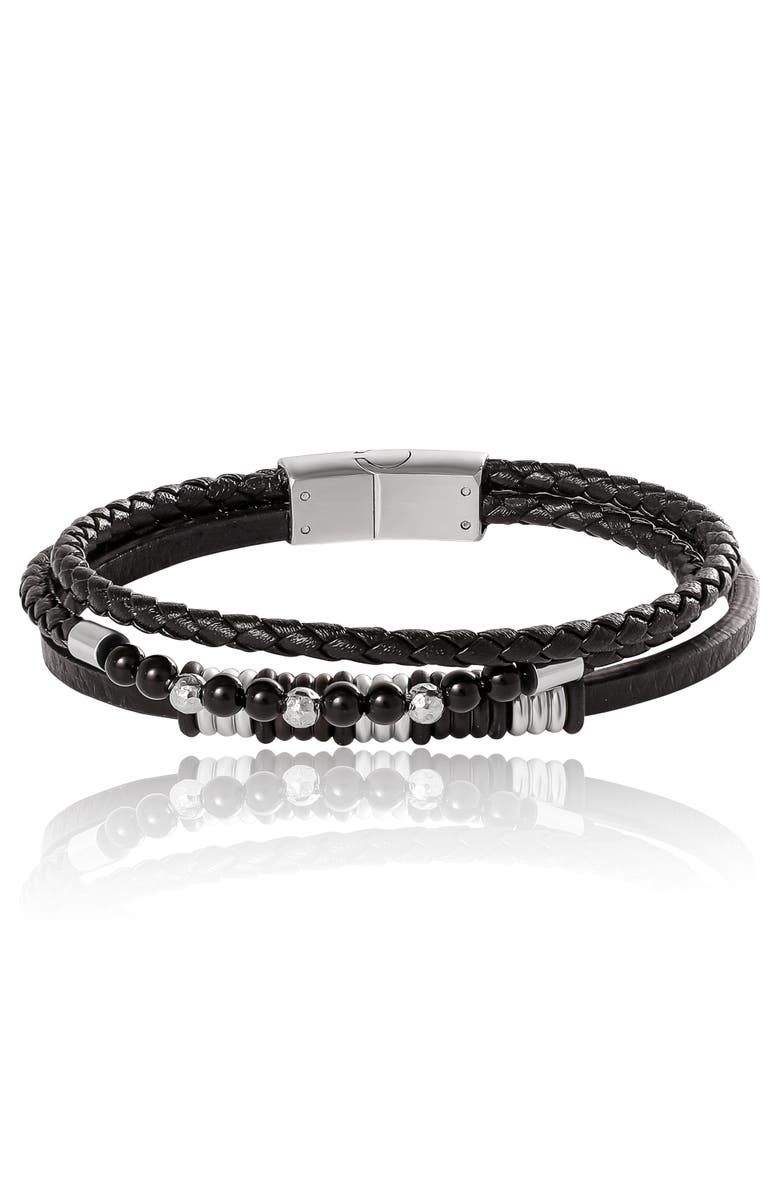 Lucky Brand Stainless Steel Triple Row Black Cord Bracelet - 8.25", Main, color, Black, Silver