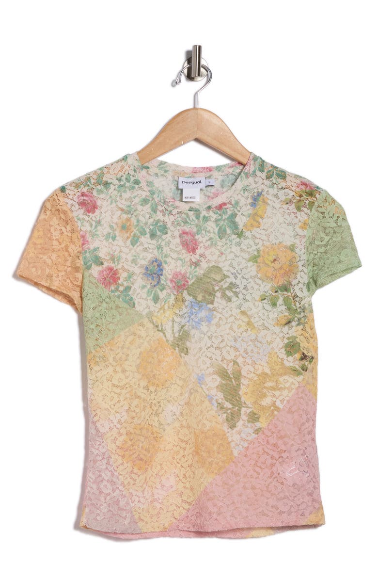 Desigual Floral Lace Short Sleeve T-Shirt, Main, color, Orange