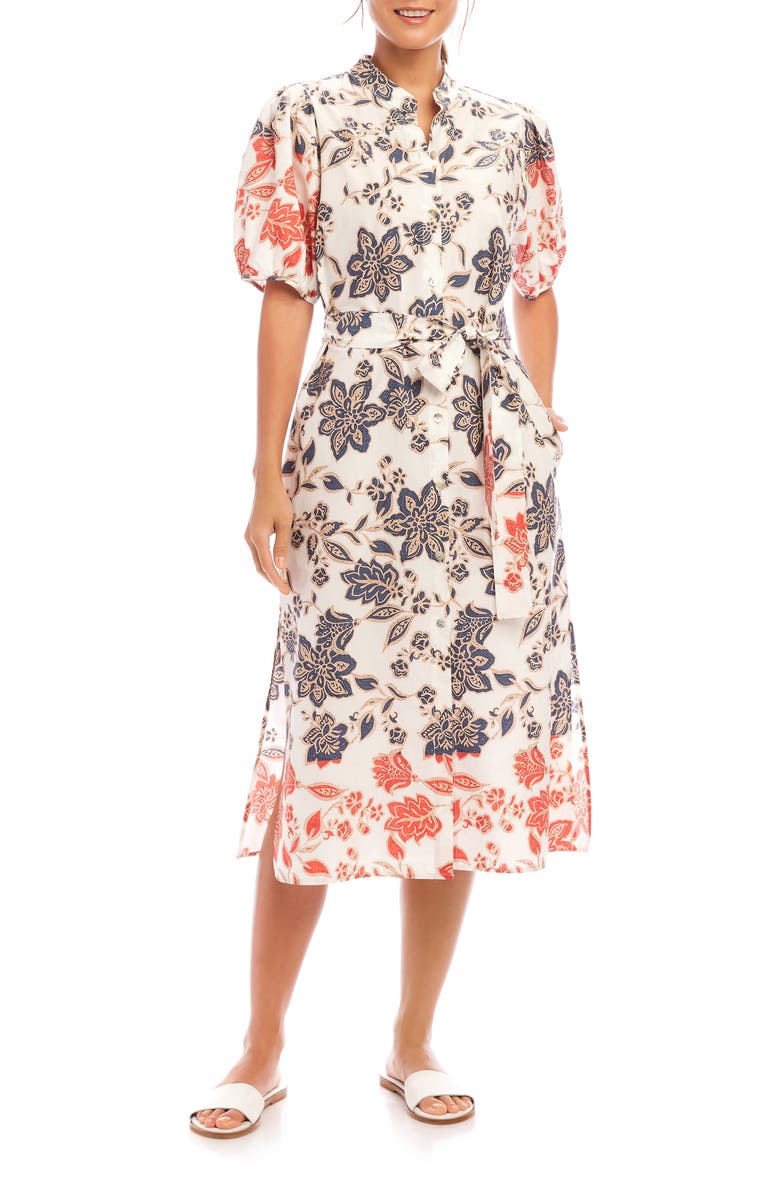 Karen Kane Floral Puff Sleeve Cotton Midi Shirtdress, Main, color, 