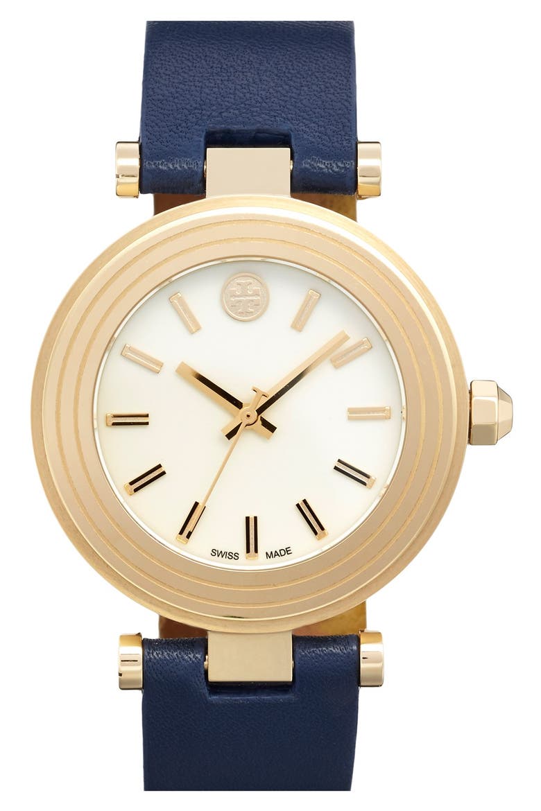 Leather Strap Watch, 35mm, Main, color, NAVY/ IVORY
