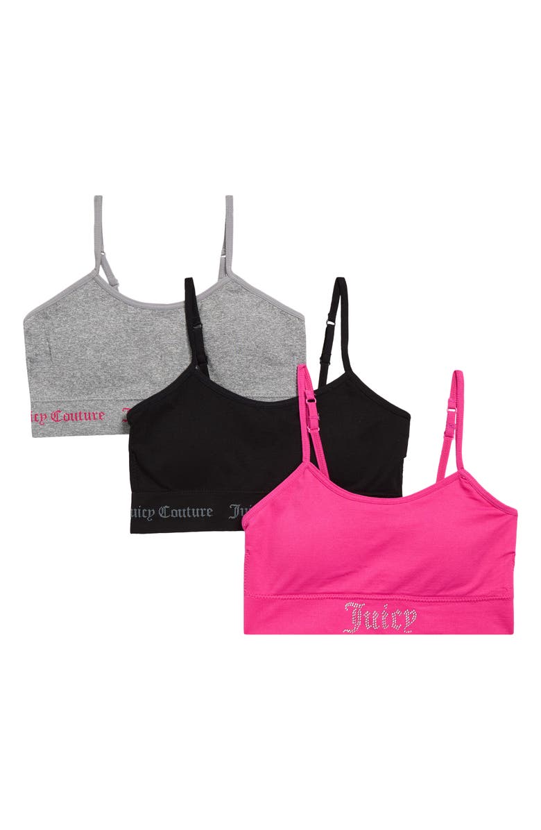Juicy Couture Kids' Assorted 3-Pack Rhinestone Logo Bralettes, Main, color, Raspberry/ Heather Grey/ Black
