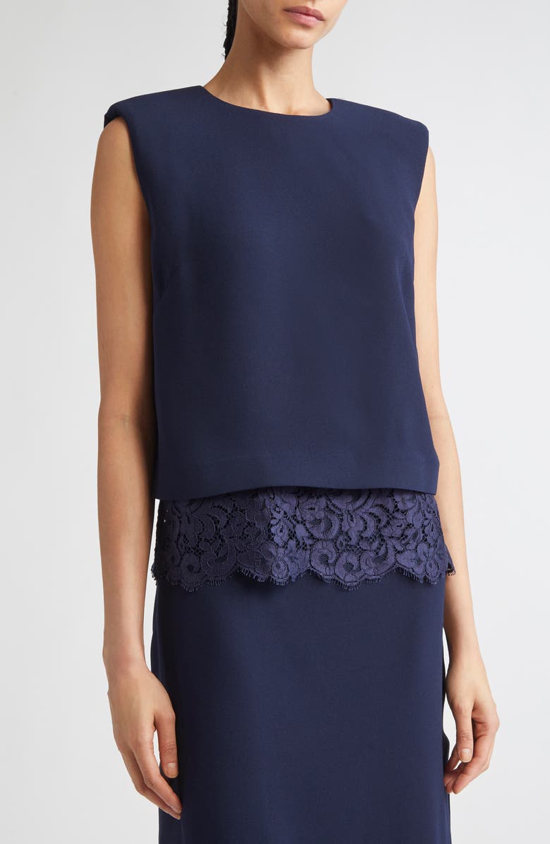 ST. JOHN Lace Trim Satin Back Crepe Top, Alternate, color, Midnight