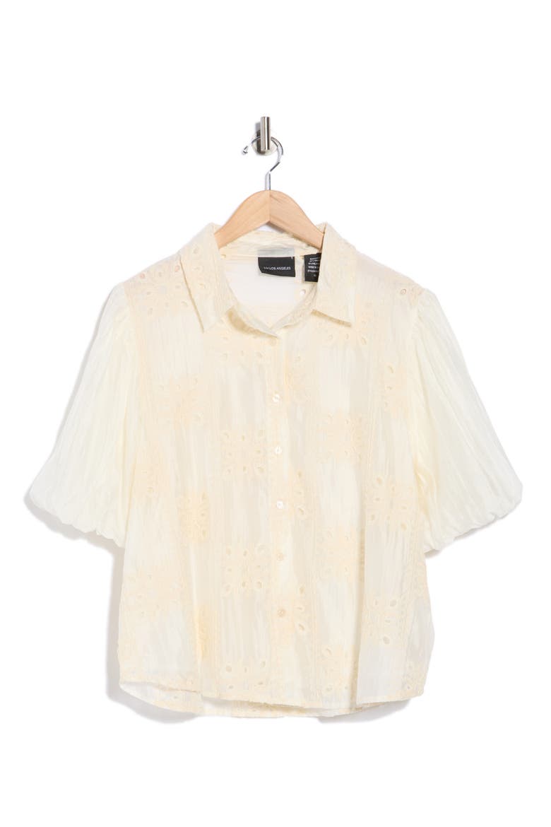 Eyelet Puff Sleeve Button-Up Shirt, Alternate, color, NATURAL