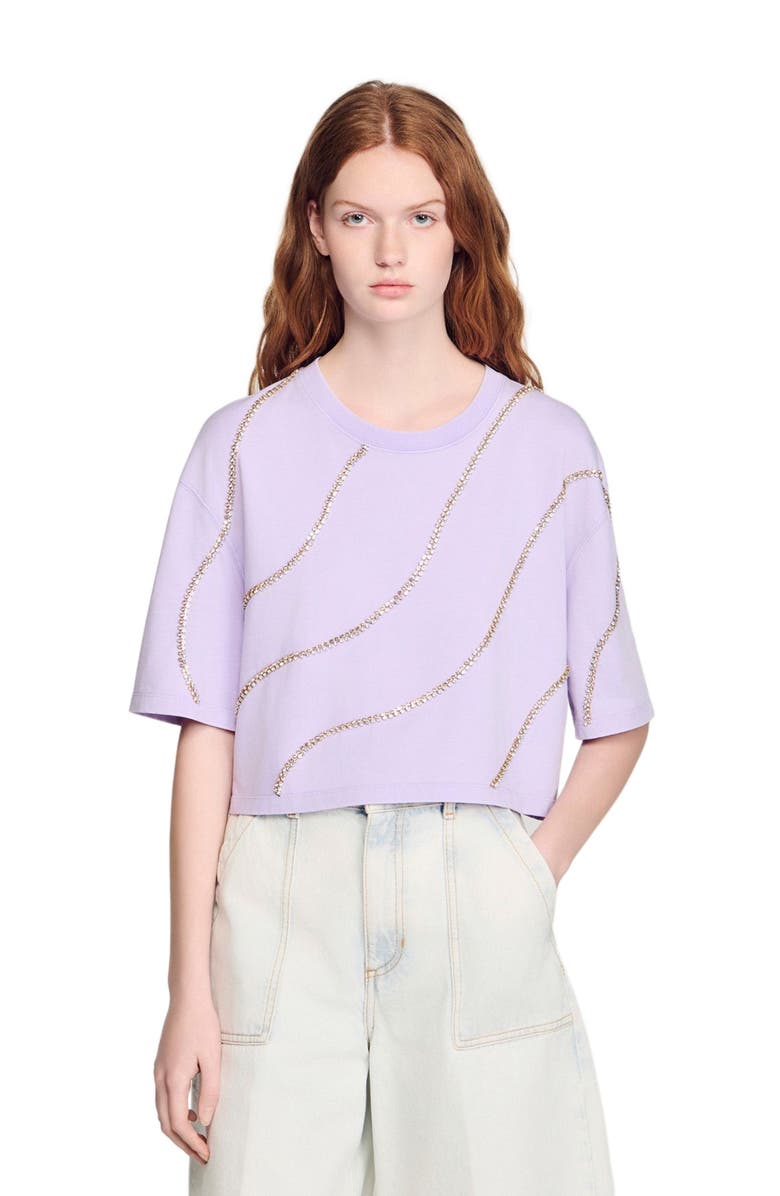 SANDRO Rhinestone cropped T-shirt, Main, color, Mauve