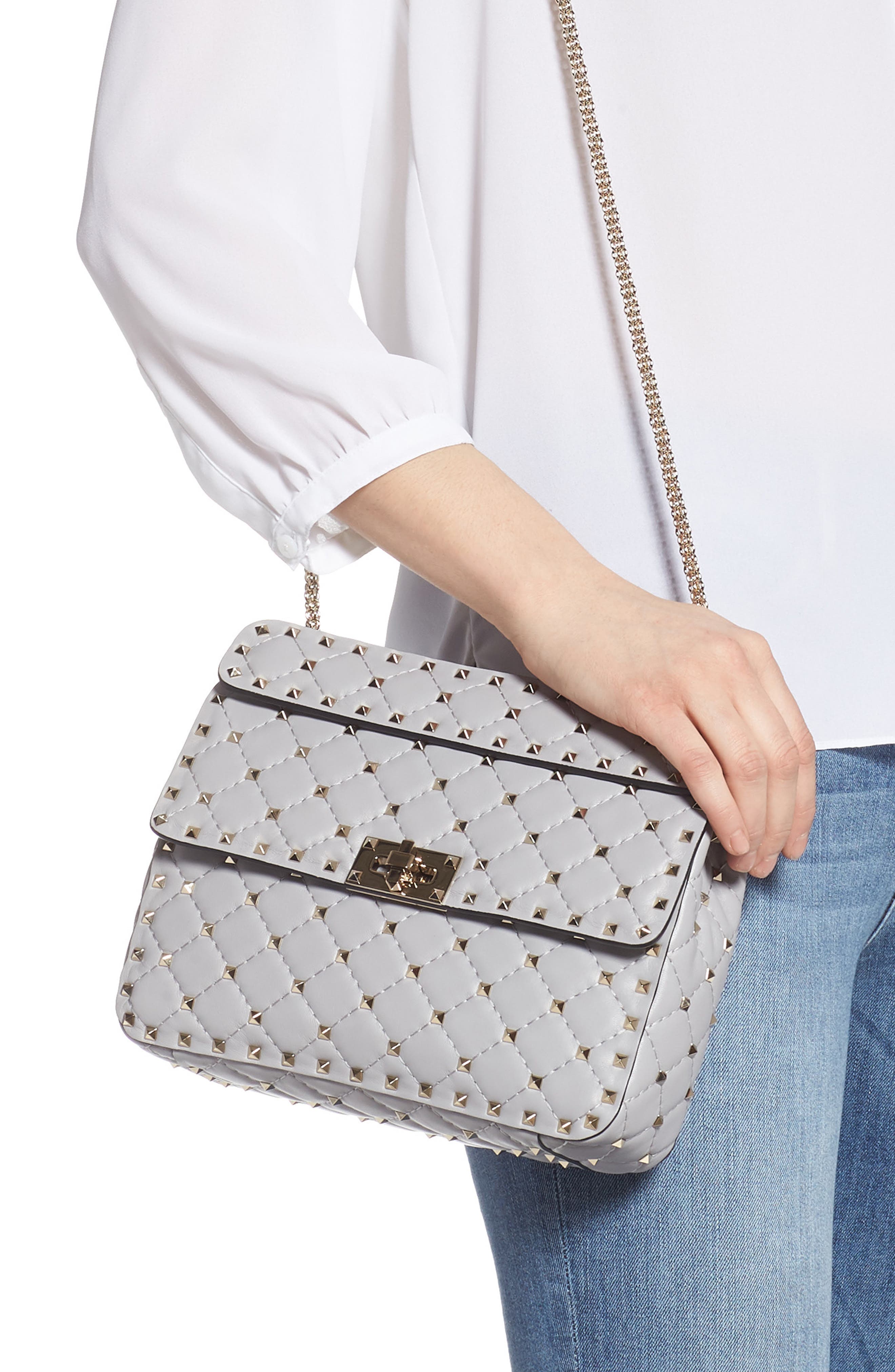 Valentino Garavani Medium Rockstud Matelassé Quilted Leather Shoulder Bag, Alternate, color, 