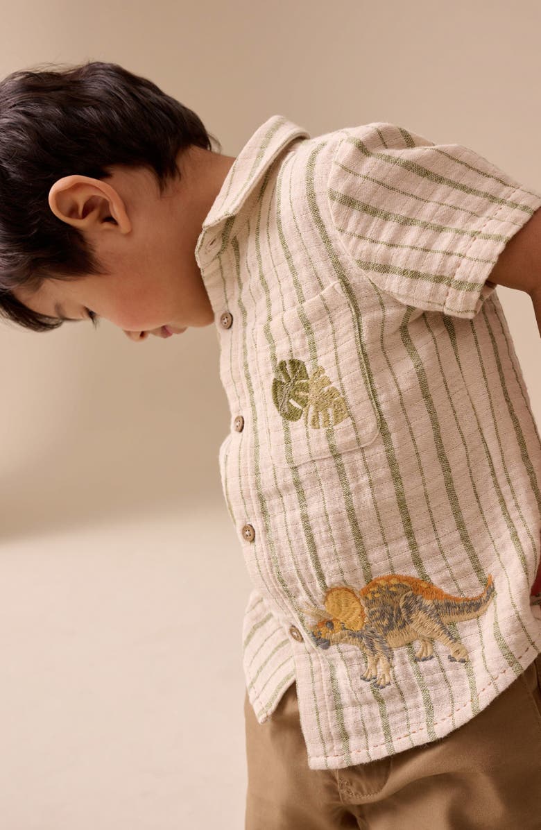 NEXT Kids' Dino Embroidered Stripe Short Sleeve Button-Up Shirt, Alternate, color, Neutral