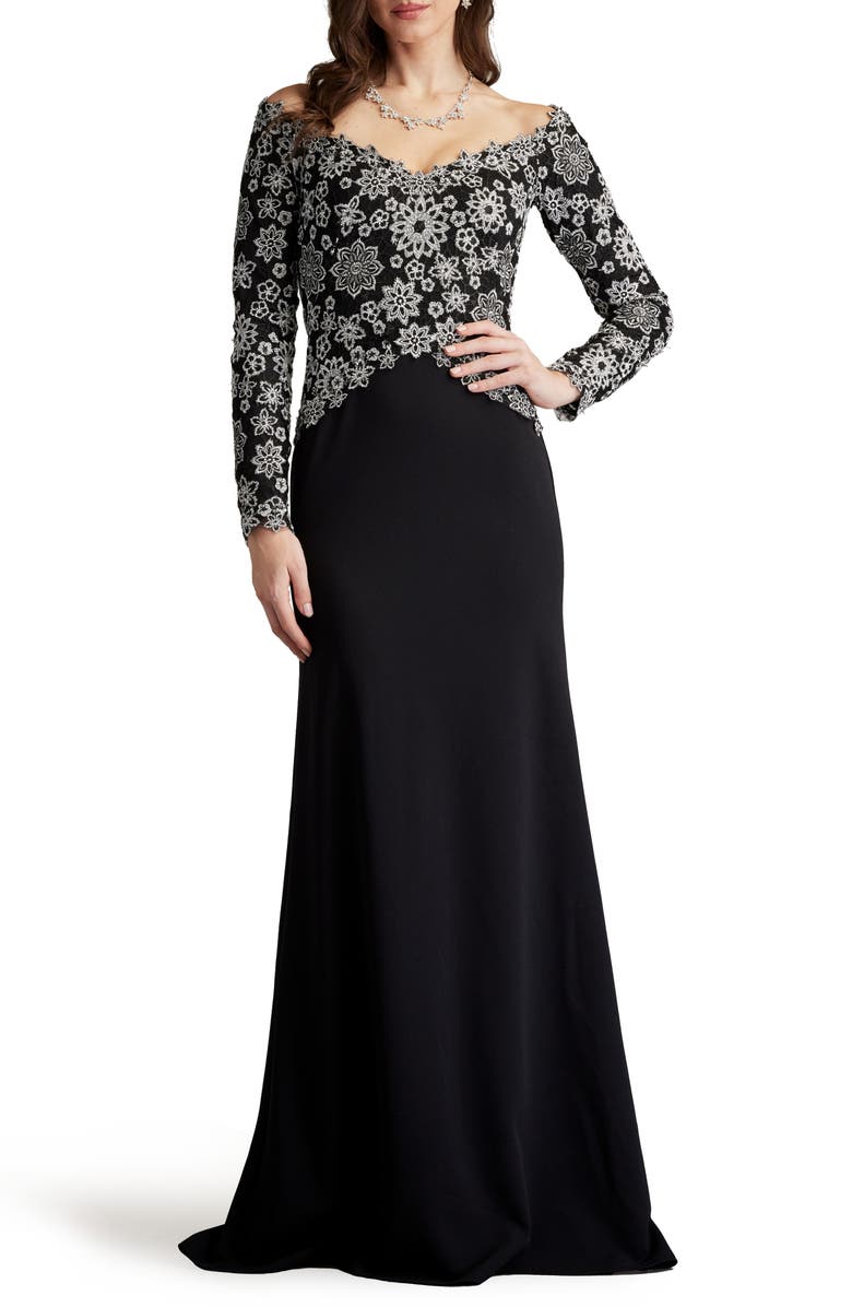 Tadashi Shoji Embroidered Off the Shoulder Long Sleeve Gown, Main, color, 