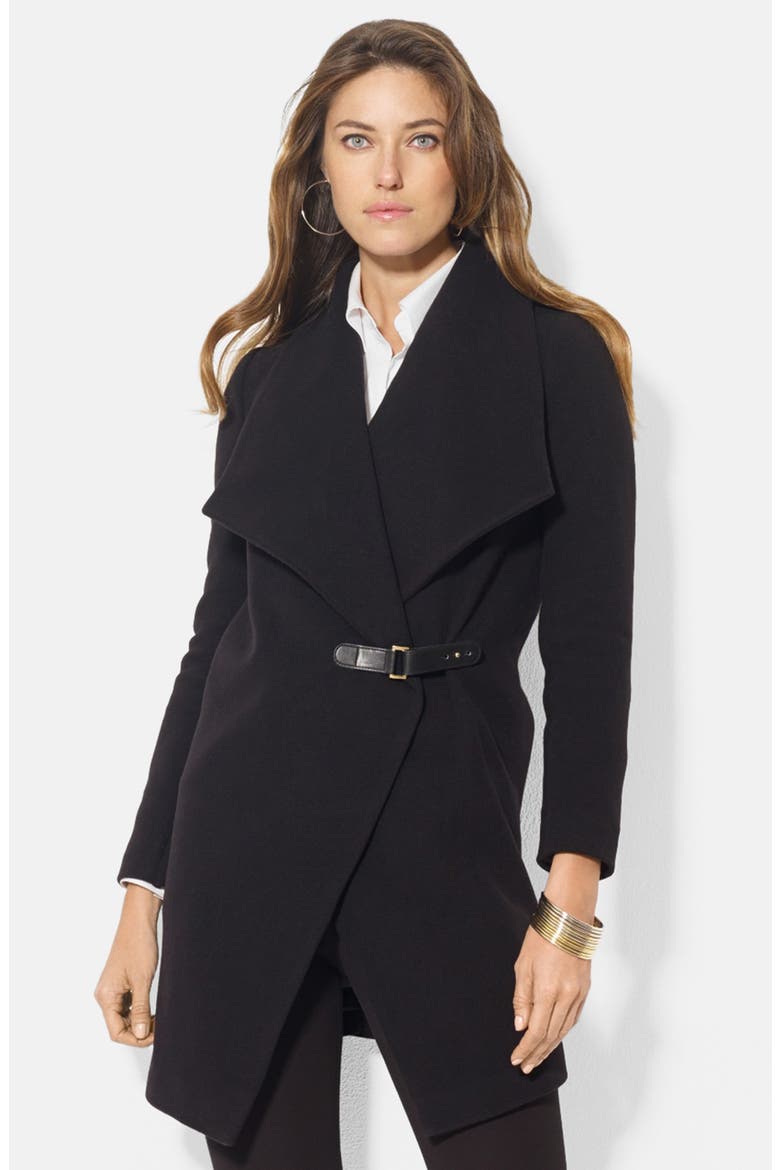 Tab Front Asymmetrical Wool Blend Coat, Main, color, BLACK