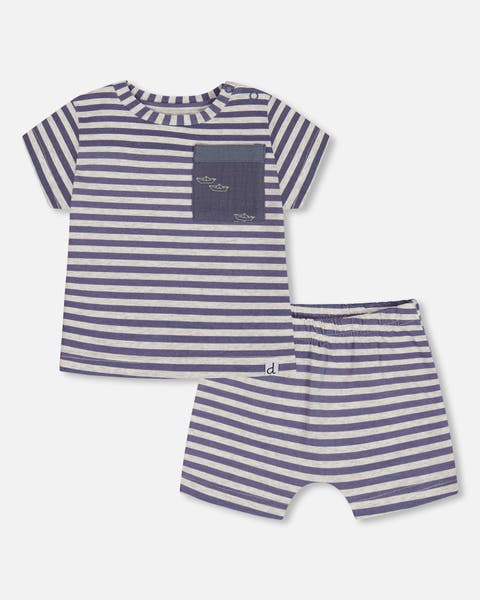 Deux Par Deux Short Sleeve Top & Short Set - Blue Stripes