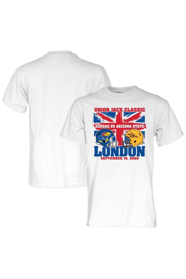 Unisex Blue 84  White Kansas Jayhawks vs. Arizona State Sun Devils 2026 Union Jack Classic Matchup T-Shirt, Main, color, White