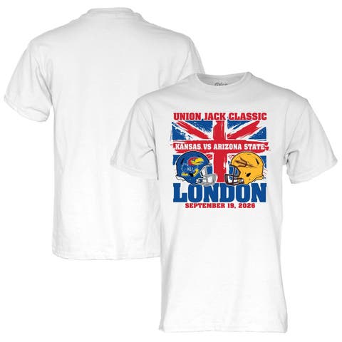 Unisex Blue 84  White Kansas Jayhawks vs. Arizona State Sun Devils 2026 Union Jack Classic Matchup T-Shirt