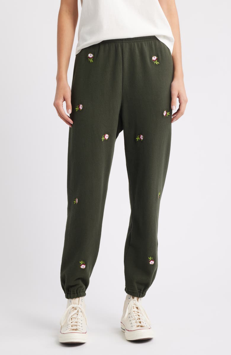 THE GREAT. The Stadium Embroidered Cotton Sweatpants, Main, color, Woodland Green