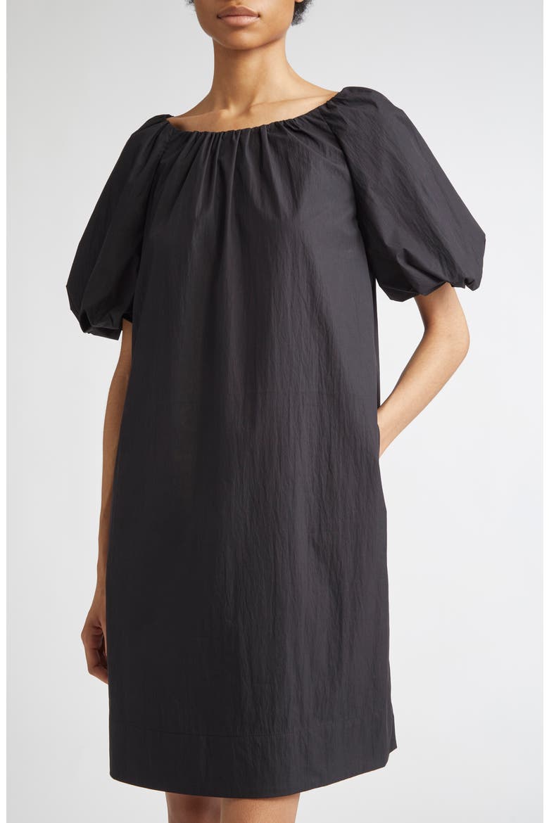 Gathered Neck Travel Cotton Blend Dress, Alternate, color, BLACK