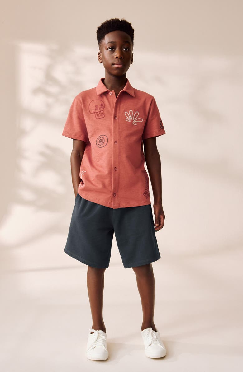 NEXT Kids' Embroidered Short Sleeve Knit Button-Up Shirt & Drawstring Shorts Set, Alternate, color, Dark Coral/ Black