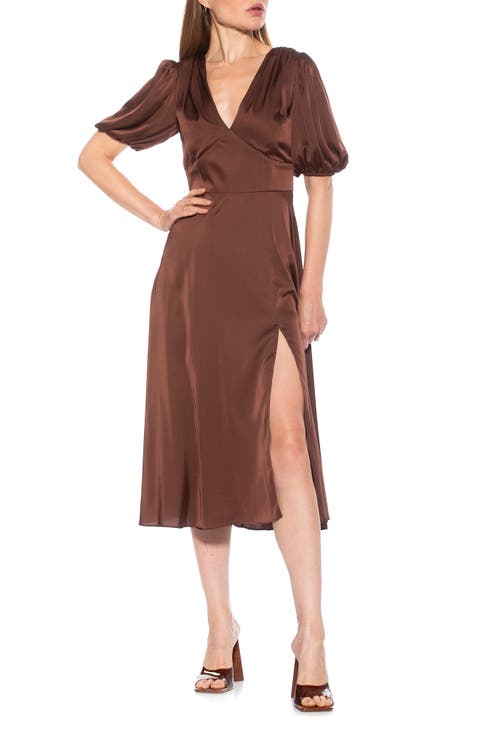 V-Neck Puff Sleeve Midi Dress