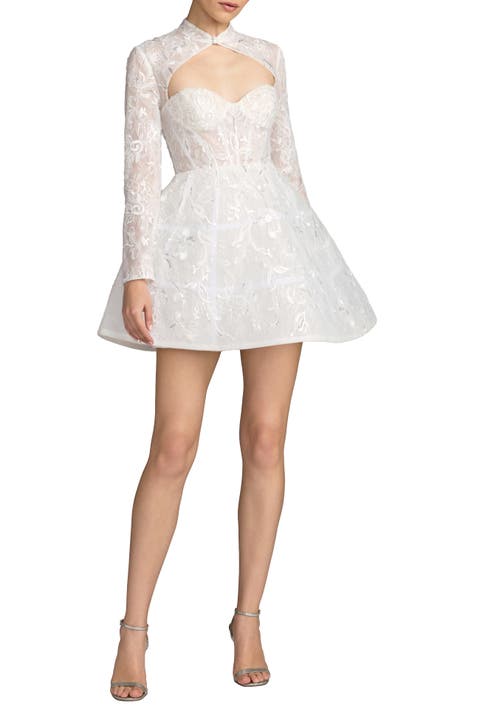 Lace Long Sleeve Mandarin Collar A Line Mini Dress