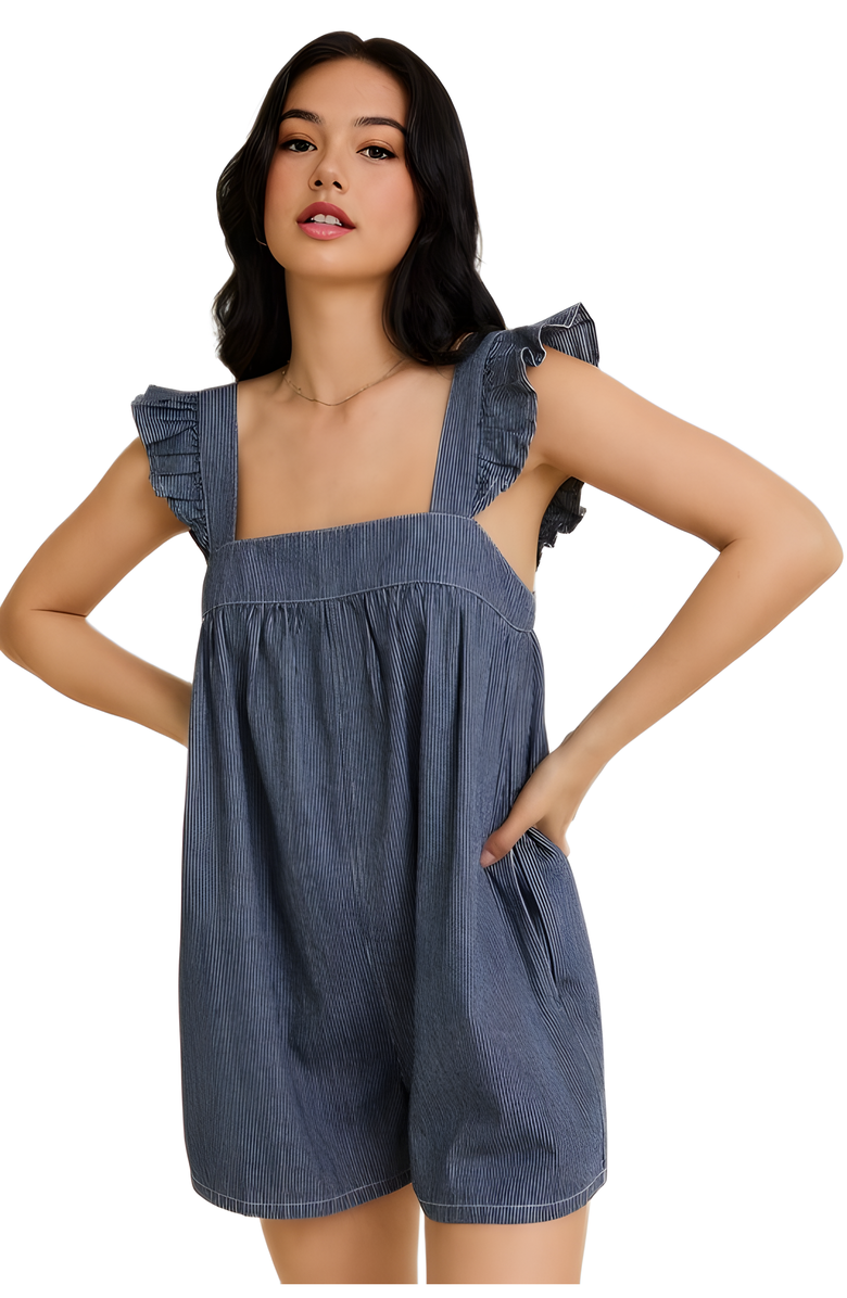 Knit and Lounge Ruffle Strap Denim Romper with Relaxed A-Line Silhouette, Alternate, color, 