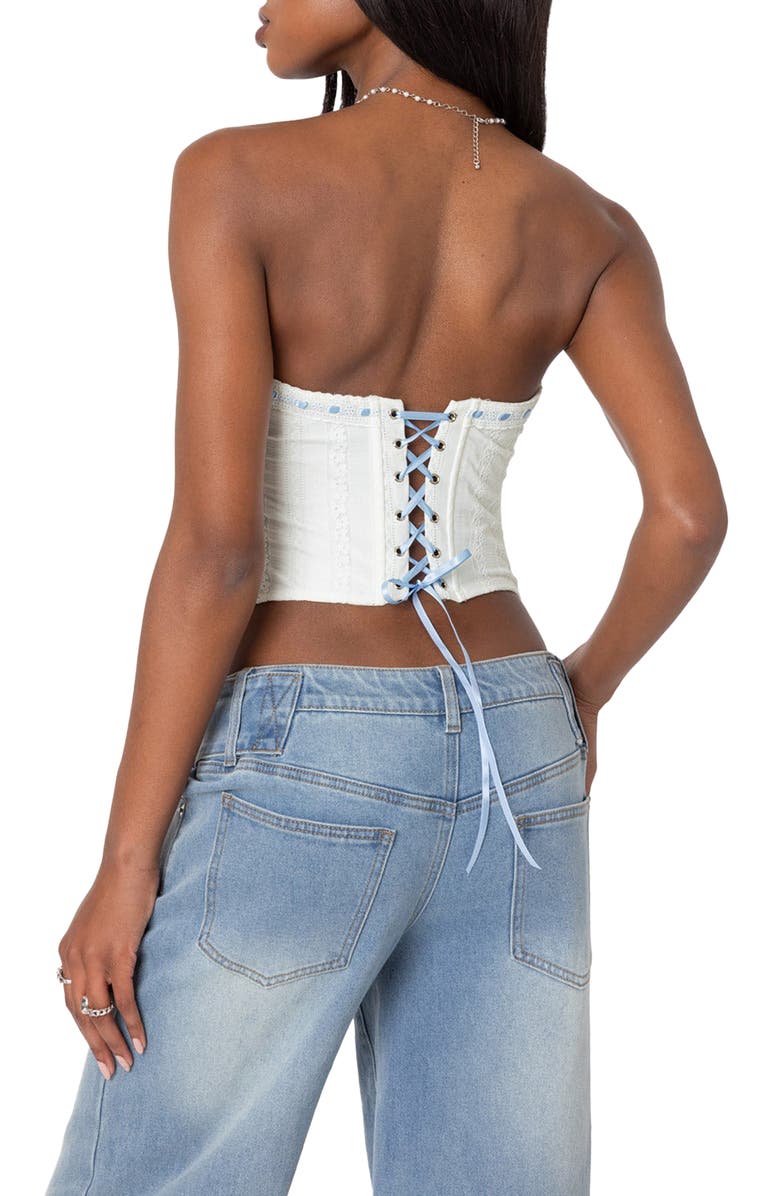 EDIKTED Mist Lacey Ribbon Corset Crop Top, Alternate, color, White