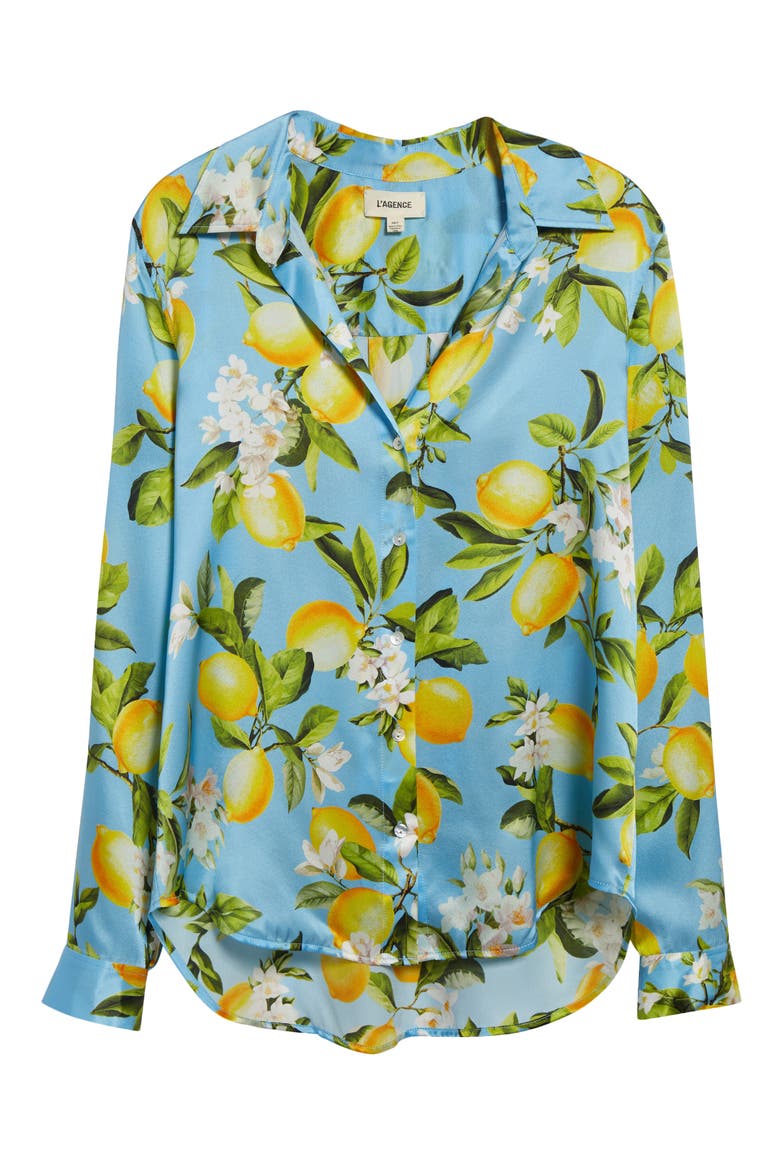 Tyler Lemon Print Silk Button-Up Shirt, Alternate, color, SKY BLUE/ YELLOW FLORAL LEMON