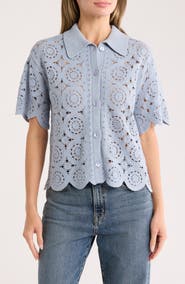 T Tahari Short Sleeve Mosaic Crochet Cardigan