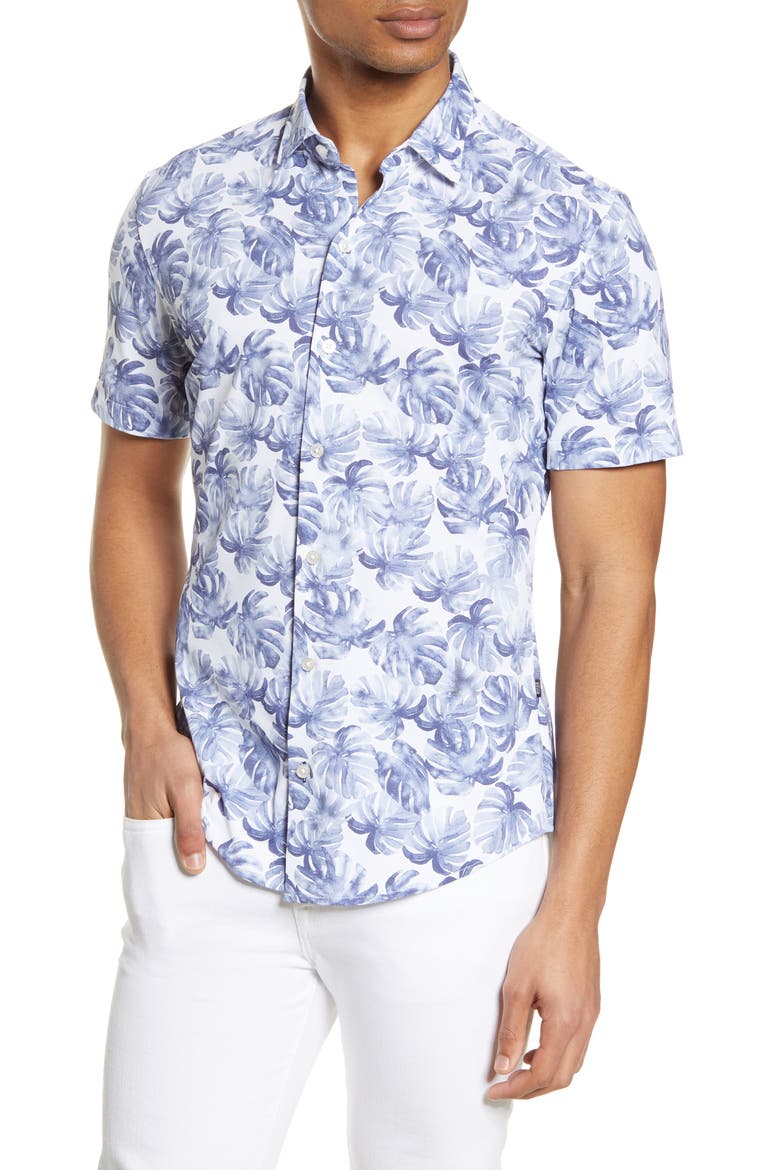 Robb Slim Fit Palm Print Short Sleeve Button-Up Performance Shirt, Main, color, NAVY