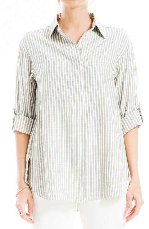 Stripe Oversize Long Sleeve Button-Up Tunic