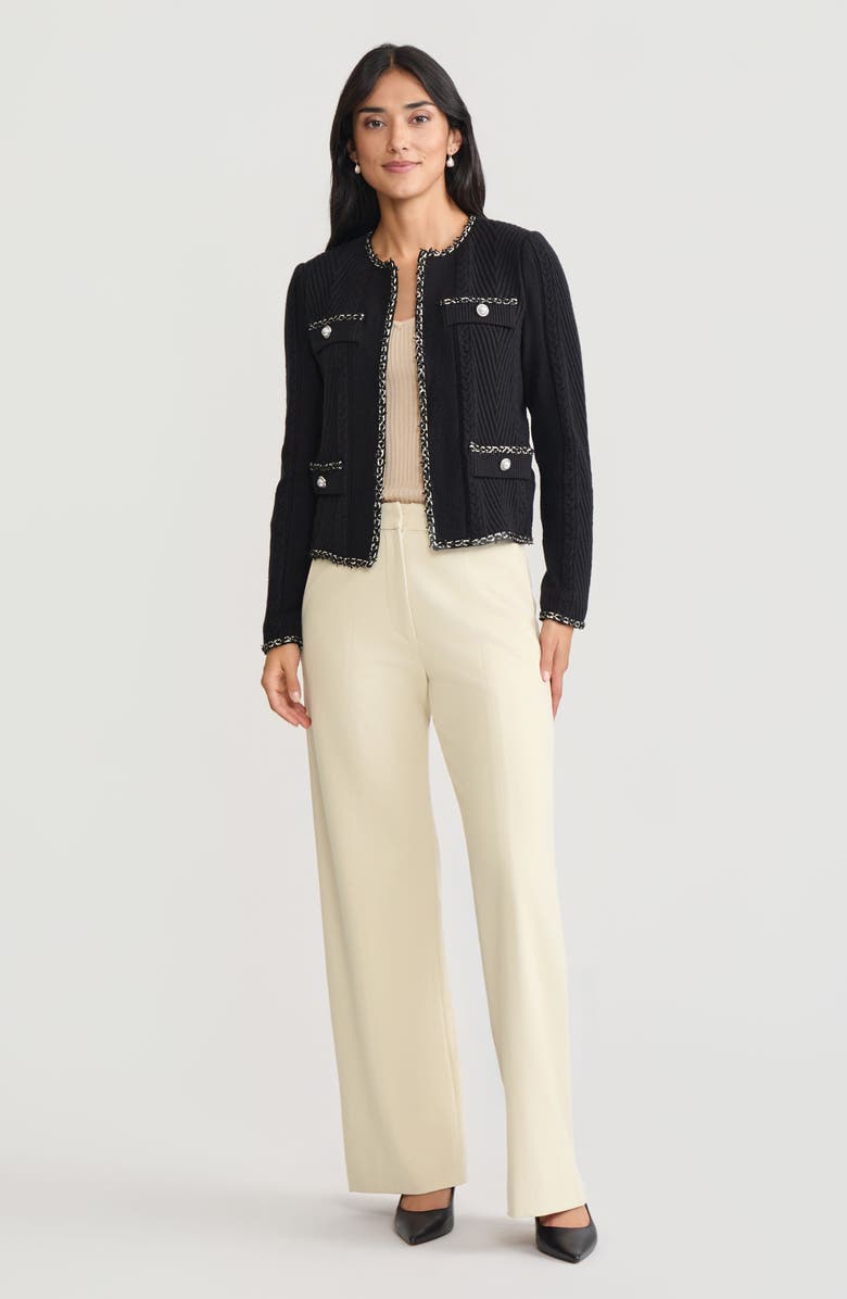 Misook Heritage Eyelash Trim Cozy Ribbed Knit Jacket, Alternate, color, Black/Biscotti