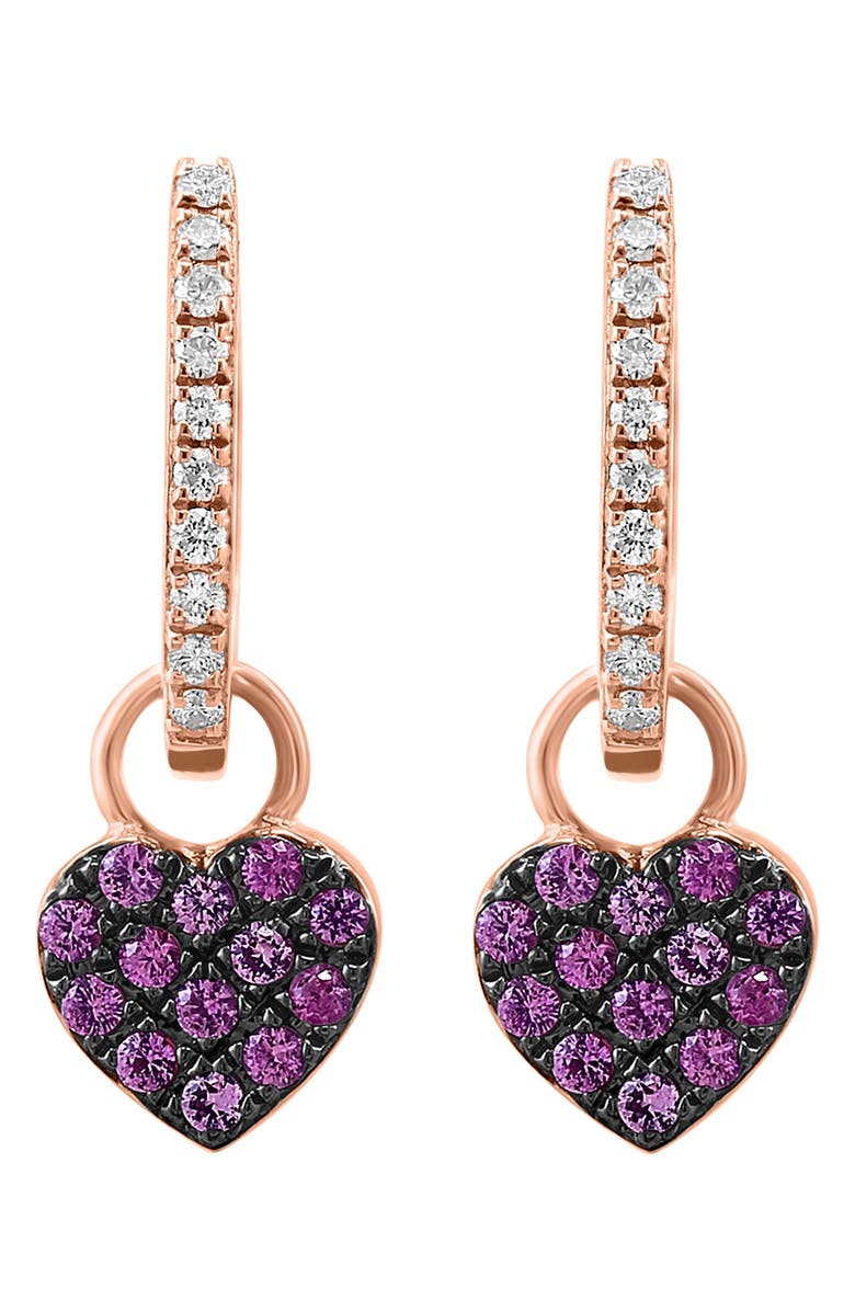 EFFY 14K Rose Gold Diamond & Pavé Pink Sapphire Heart Drop Huggie Hoop Earrings - 0.14ct., Main, color, 