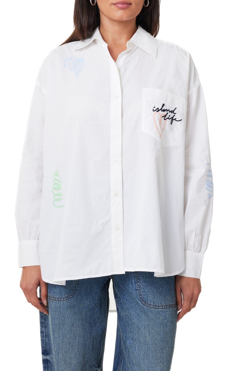 Scotch & Soda Island Life Embroidered Cotton Button-Up Shirt, Main, color, White
