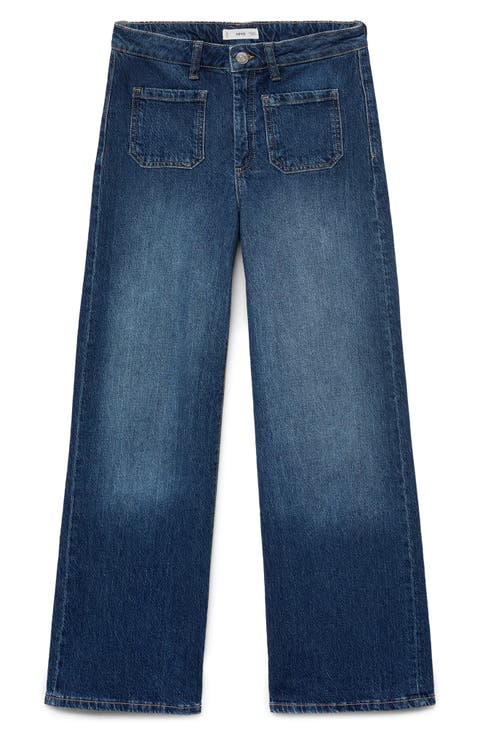 Patch Pocket Mid Rise Culotte Wide Leg Jeans