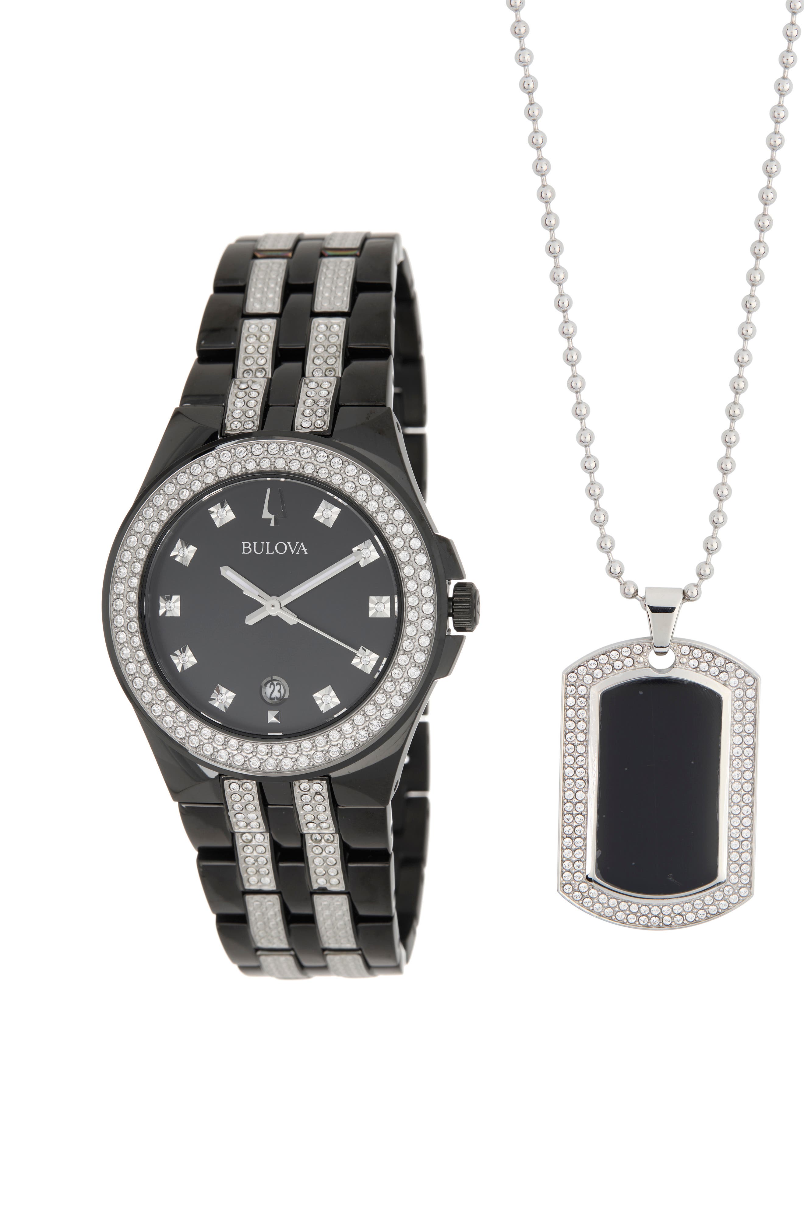 BULOVA Men's Crystal Watch & Dog Tag Necklace Set, 26mm