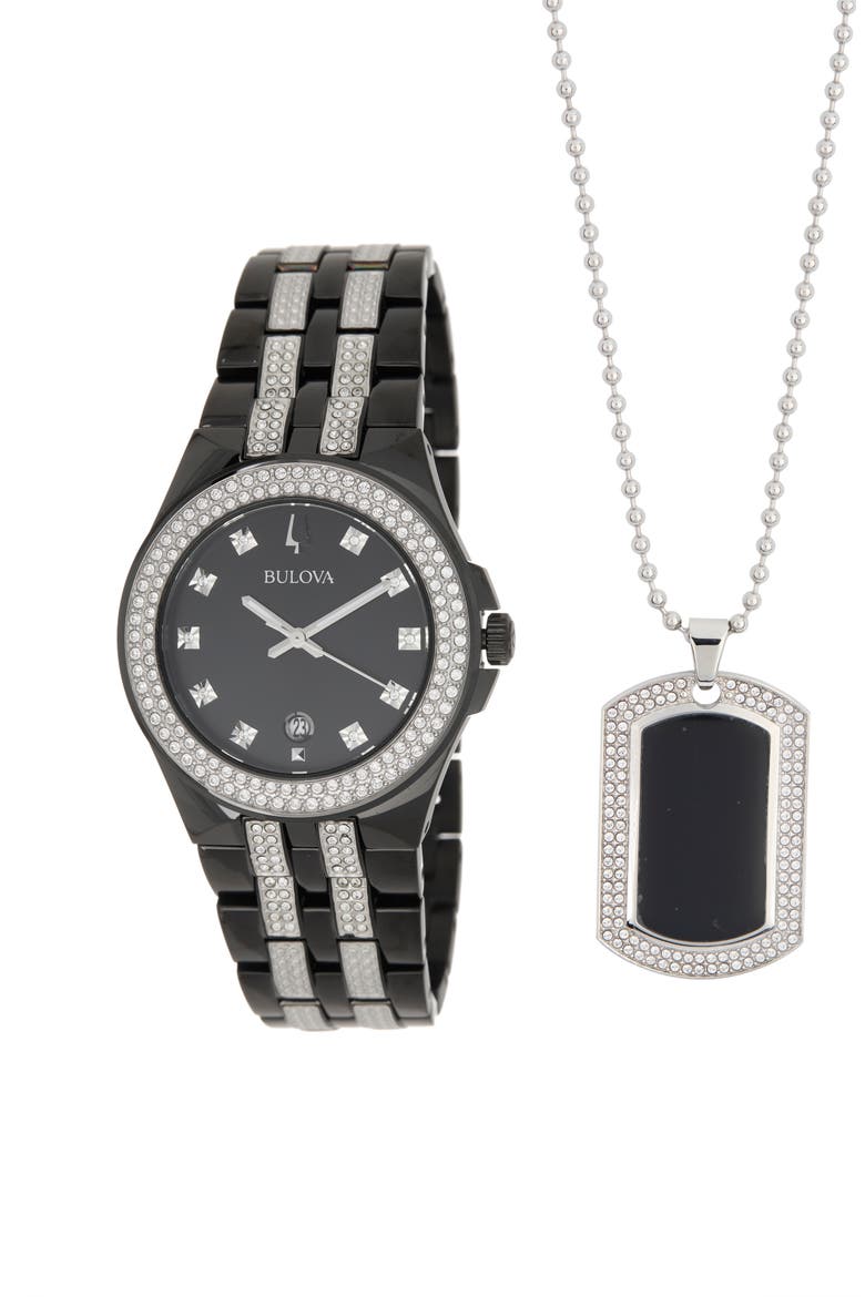 Men's Crystal Watch & Dog Tag Necklace Set, 26mm, Main, color, BLACK