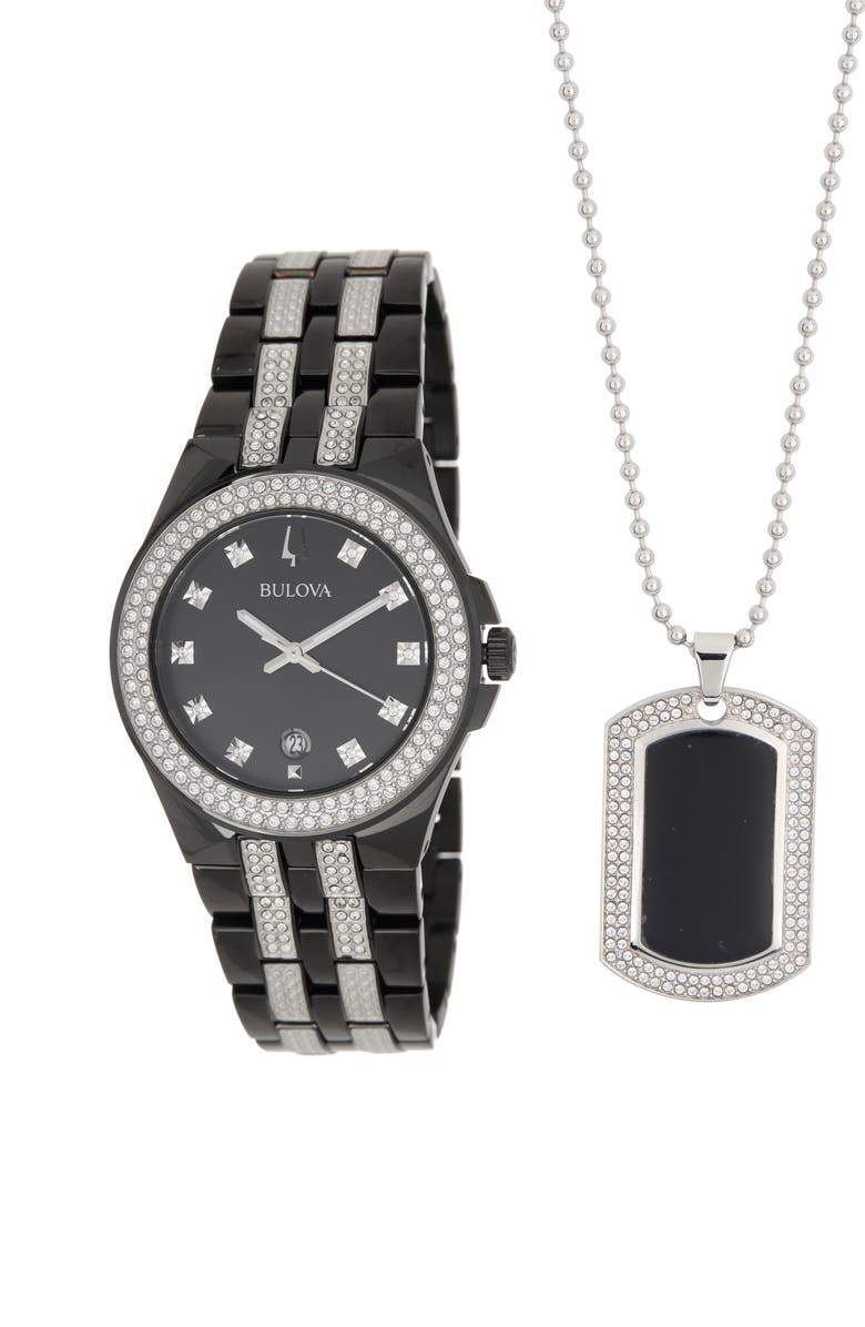 BULOVA Men's Crystal Watch & Dog Tag Necklace Set, 26mm, Main, color, Black