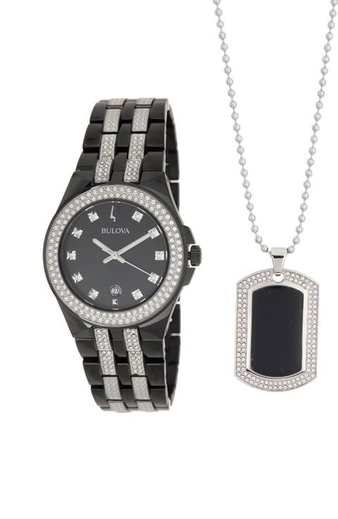 Men's Crystal Watch & Dog Tag Necklace Set, 26mm