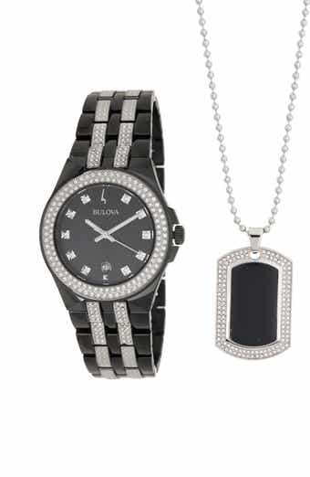 BULOVA Men's Crystal Watch & Dog Tag Necklace Set, 26mm