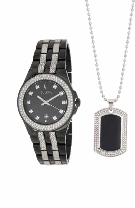 BULOVA Men's Crystal Watch & Dog Tag Necklace Set, 26mm