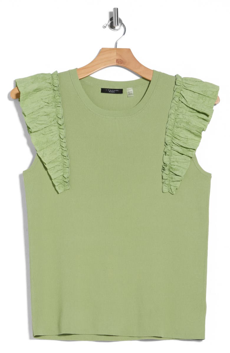 T Tahari Ruffle Sleeve Rib Sweater Tank, Main, color, Soft Moss
