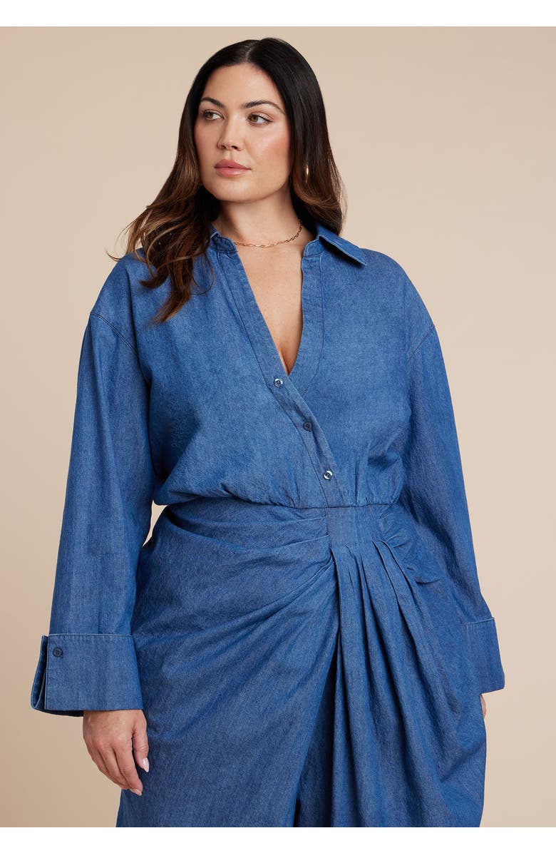 ELOQUII Chambray Pleated Jumpsuit, Alternate, color, Medium Wash