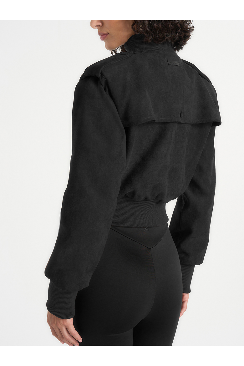 Delfina Suede Trench-Detail Bomber Jacket, Alternate, color, Black