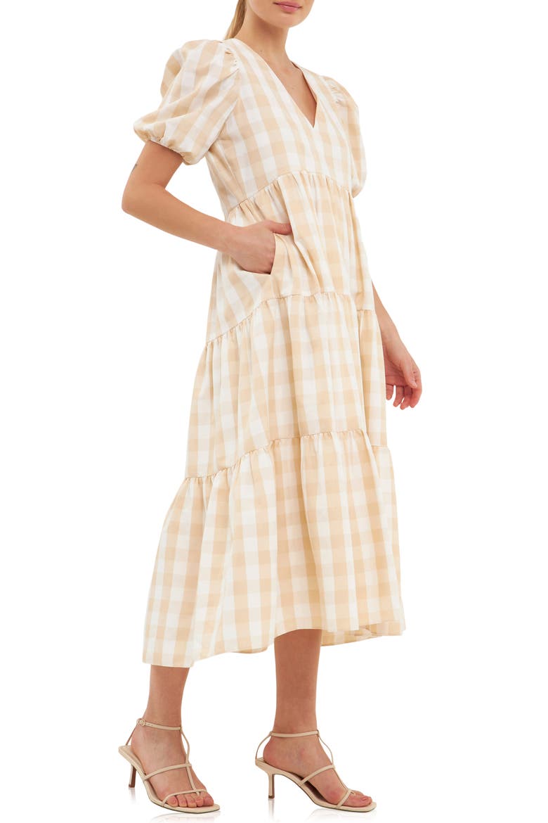Gingham Tiered Puff Sleeve Dress, Alternate, color, TAUPE