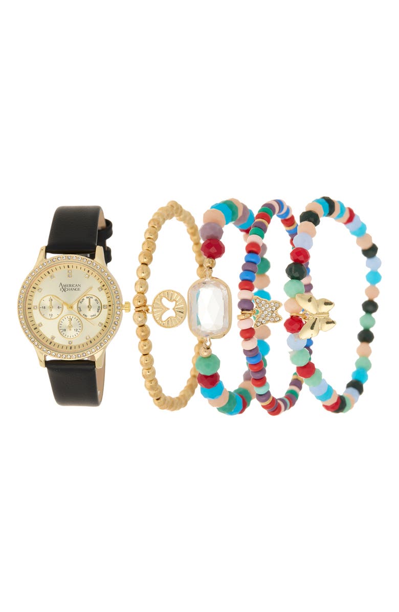 AMERICAN EXCHANGE Crystal Chronograph Faux Leather Strap Watch & Assorted Bracelets Set, 38mm, Main, color,