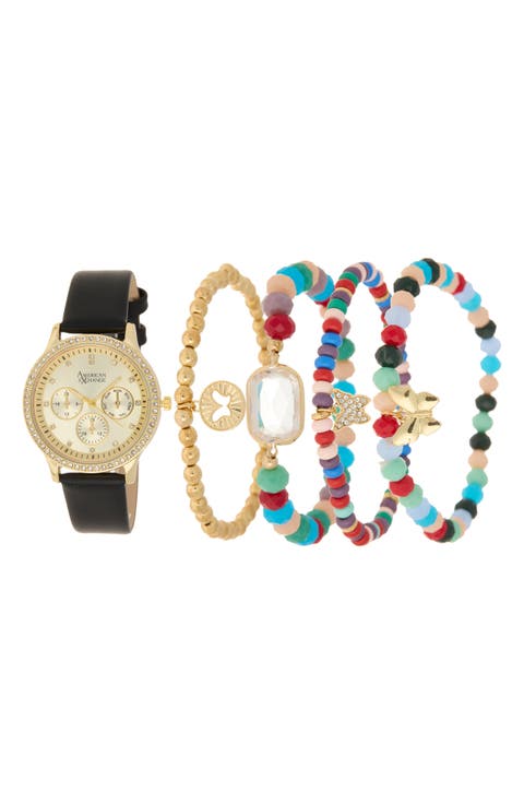 Crystal Chronograph Faux Leather Strap Watch & Assorted Bracelets Set, 38mm