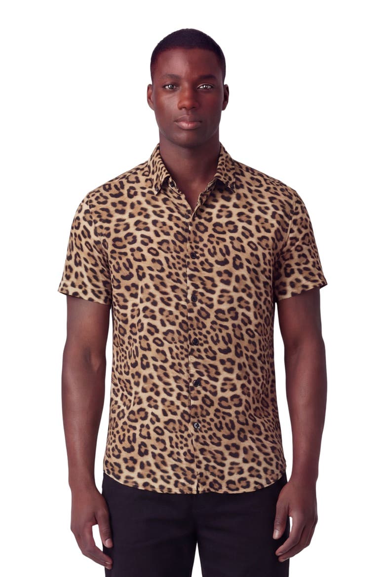 Leopard Mens Merino Wool Button-up Shirt, Main, color, LEOPARD BROWN