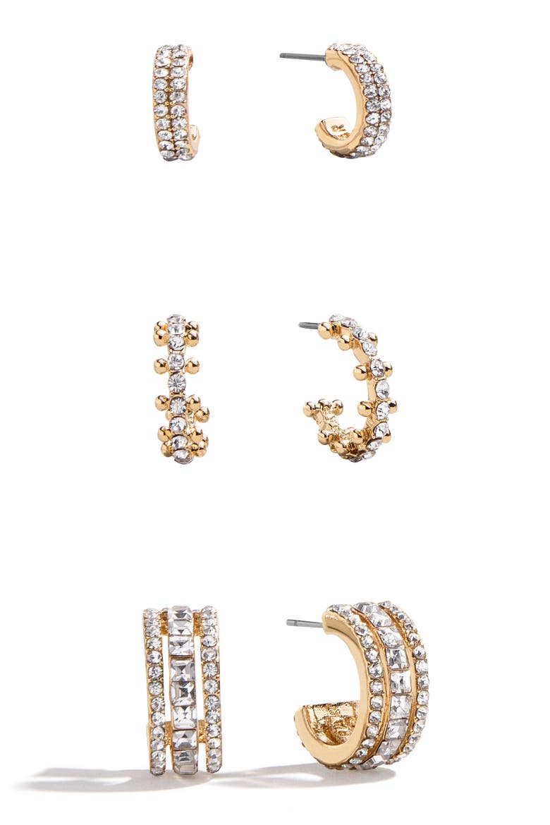 Claudia Set of 3 Crystal Huggie Hoop Earrings, Main, color, GOLD
