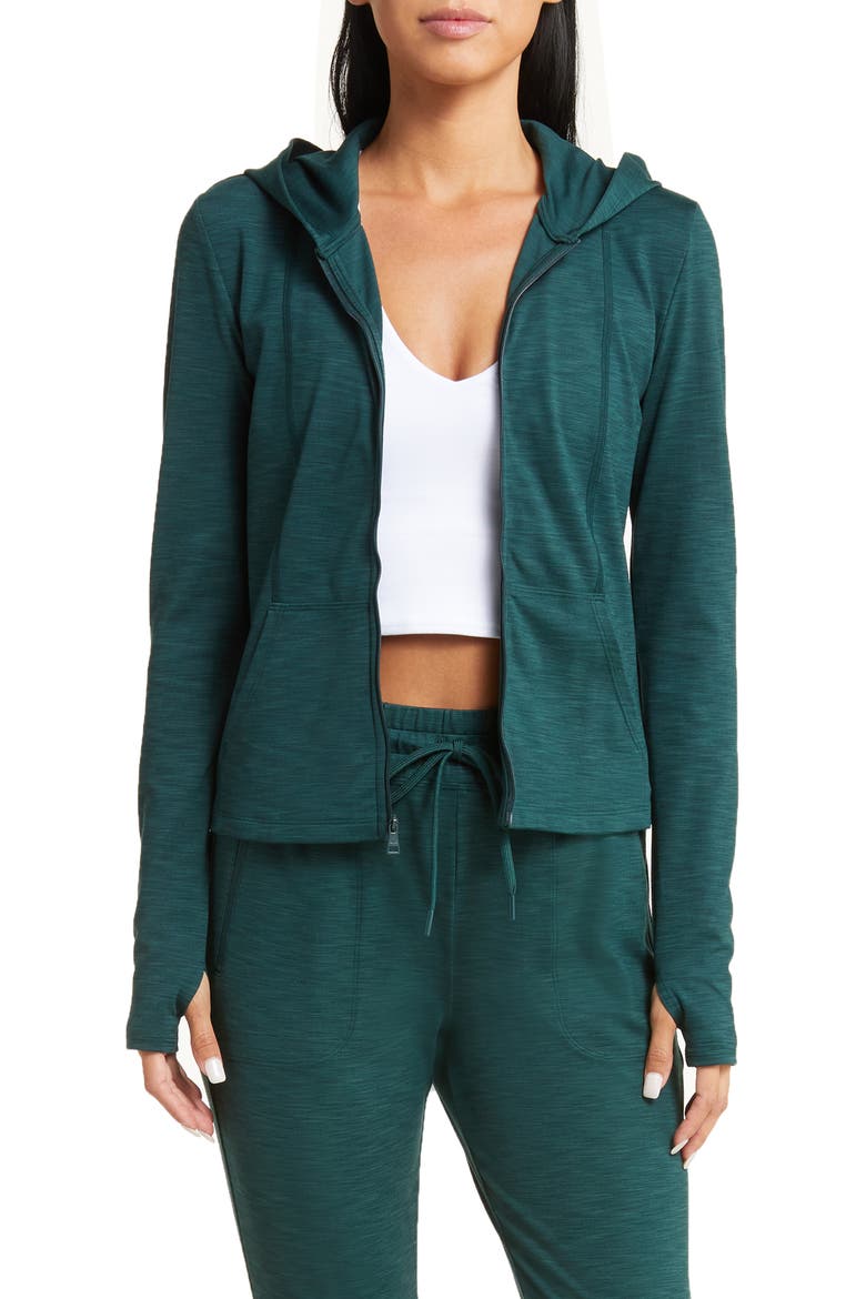Heather Rib Zip-Up Hooded Jacket, Main, color, MIDNIGHT GREEN HEATHER RIB