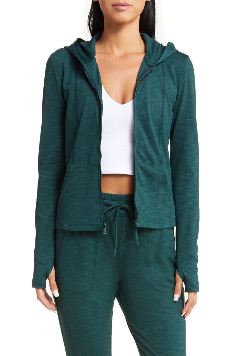 Beyond Yoga Heather Rib Zip-Up Hooded Jacket, Main, color, Midnight Green Heather Rib