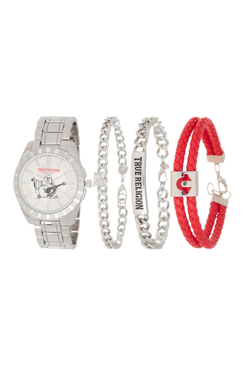 Buddha Guitar Bracelet Watch, 42.1mm & Assorted Bracelets Set, Main, color, SILVER
