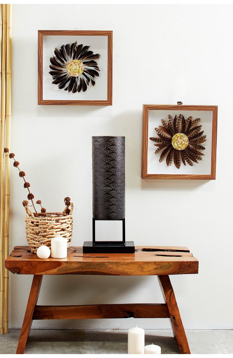 WILLOW ROW Eclectic Brown & Black Feather Shadow Box Wall Decor in Square Wood Frame - Set of 2, Main, color, 