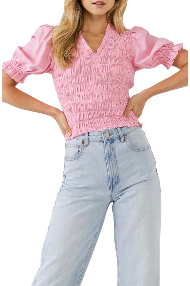 Smocked V-Neck Top, Main, color, PINK